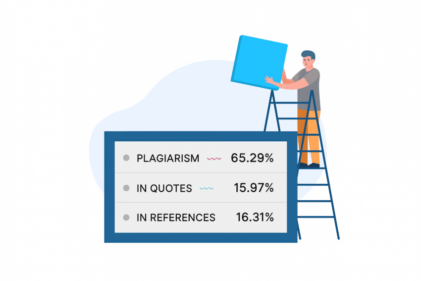 Illustration of a man on a ladder placing a blue square above a compact plagiarism report showing reduced text size and smaller frame with plagiarism, quotes, and references percentages